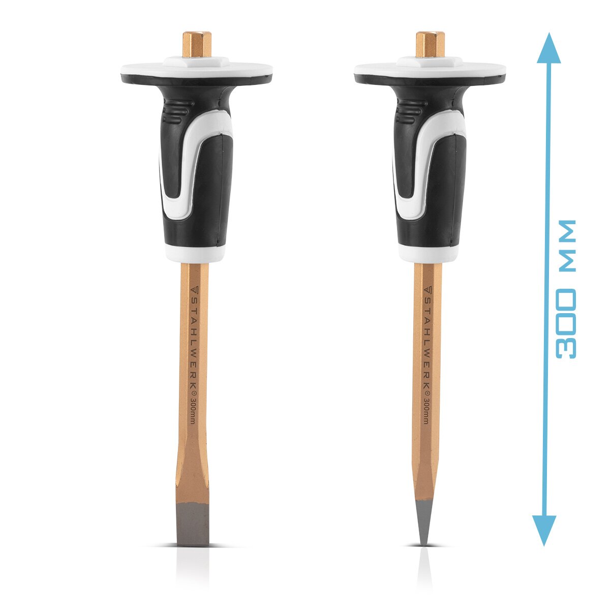 Steelwork Flachmeißel | Pointed chisel 2 Set Gold 300 mm Hand chisel made of hardened steel for professional chisels of metal, stone, wood, concrete, tiles and plastics