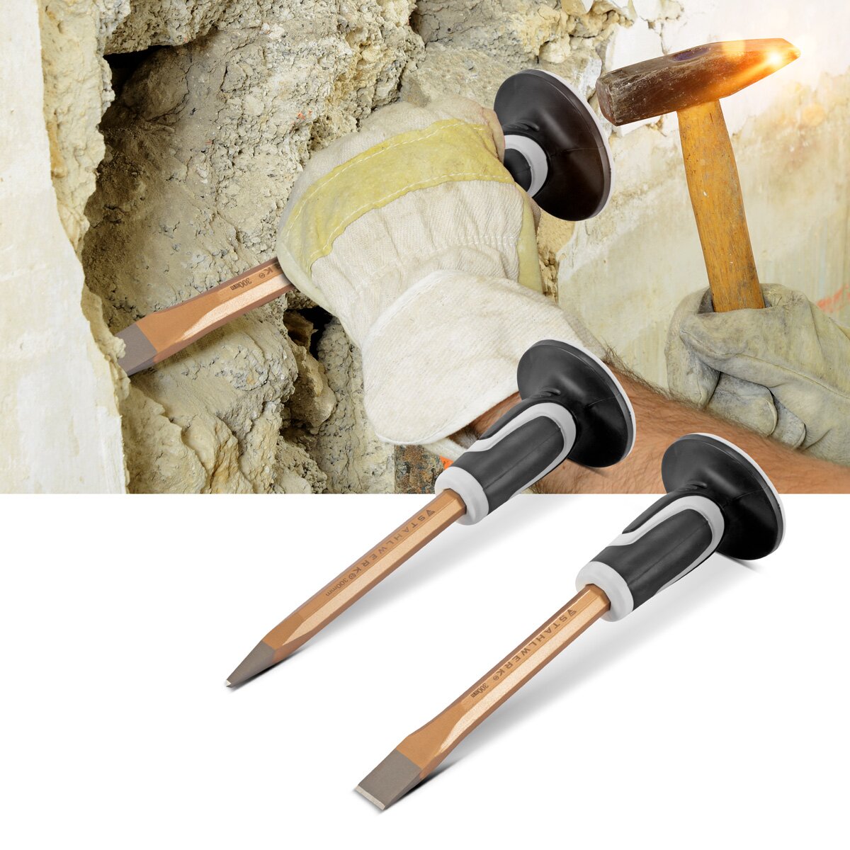 Steelwork Flachmeißel | Pointed chisel 2 Set Gold 300 mm Hand chisel made of hardened steel for professional chisels of metal, stone, wood, concrete, tiles and plastics