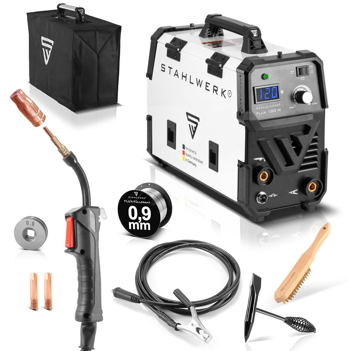 STAHLWERK FLUX 120 M Fülldraht Schweißgerät mit synergischem Drahtvorschub für 0,6 0,8 0,9 1,0 mm, geeignet für 0,45-1 kg Drahtrollen, Schweißdraht und echten 120 Ampere zum Schweißen ohne Schutzgas No Gas