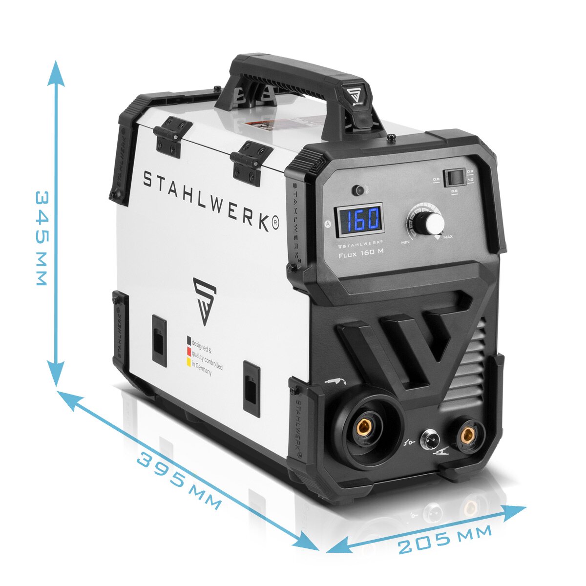 STAHLWERK FLUX 160 M Vollausstattung Fülldraht Schweißgerät mit synergischem Drahtvorschub und echten 160 Ampere, geeignet für 0,45-5 kg Drahtrollen, zum Schweißen ohne Schutzgas No Gas