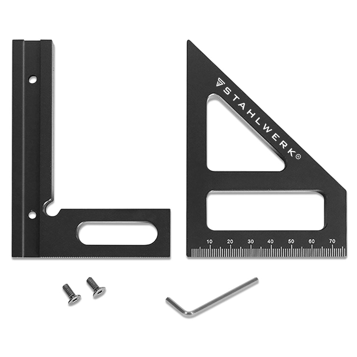 STAHLWERK Gehrungswinkel mit Anschlag 3D-Winkel | Gehrungsdreieck | Zimmermannswinkel | Aluminium-Winkel | Gehrmaß | Winkeldreieck | Winkelmesser zum präzisen Messen, Anreißen, Markieren und Zeichnen