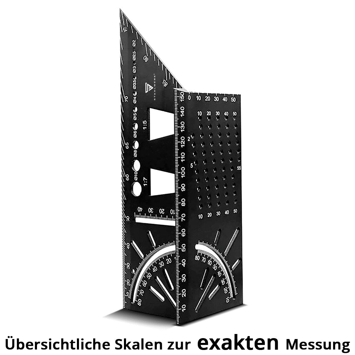 STAHLWERK 2er Set Gehrungswinkel-Lineal mit Anschlag und Bohrlehre 3D-Winkel | Zimmermannswinkel | Aluminium-Winkel | Gehrmaß | Winkelmesser zum präzisen Messen, Anreißen, Markieren und Zeichnen