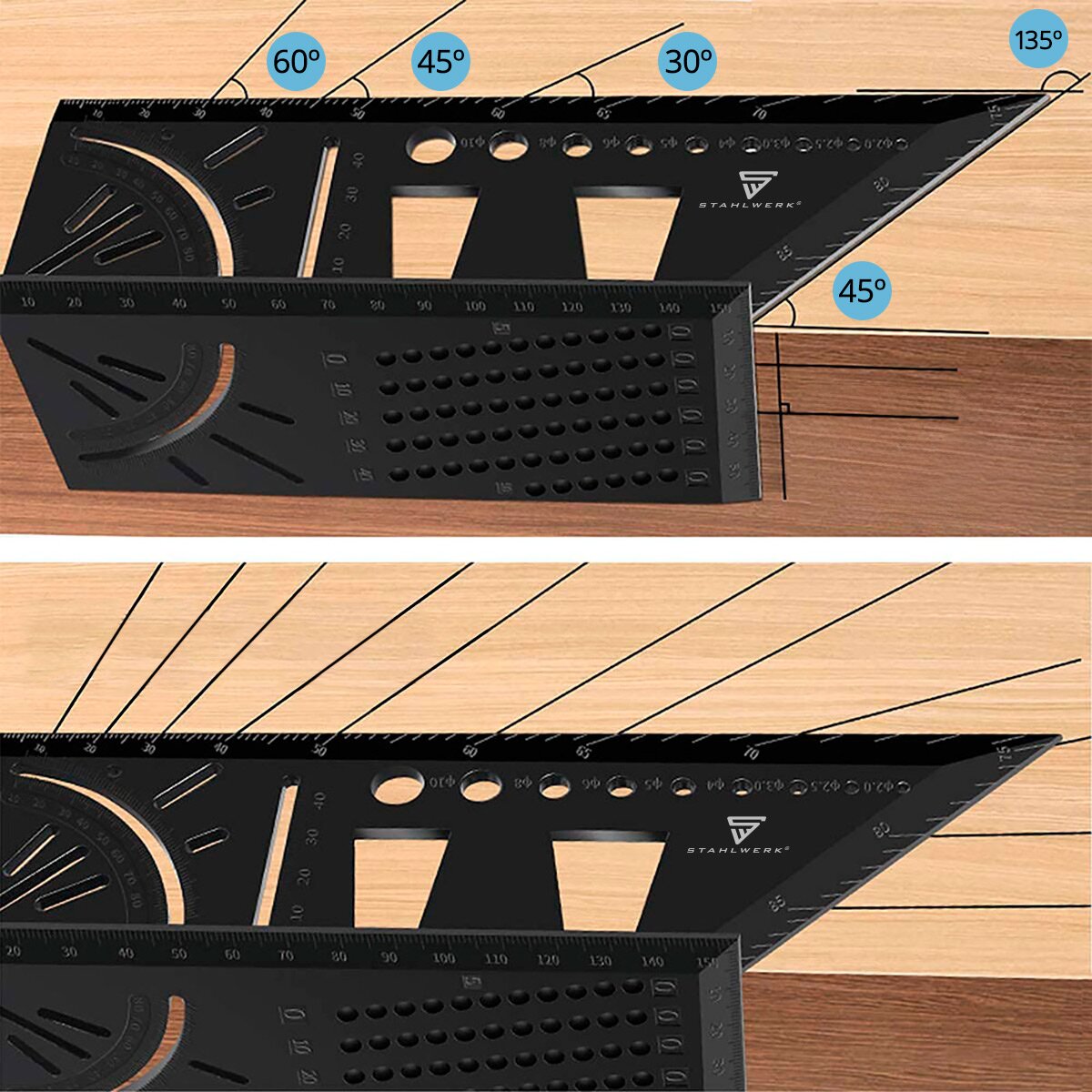 STAHLWERK 2er Set Gehrungswinkel-Lineal mit Anschlag und Bohrlehre 3D-Winkel | Zimmermannswinkel | Aluminium-Winkel | Gehrmaß | Winkelmesser zum präzisen Messen, Anreißen, Markieren und Zeichnen