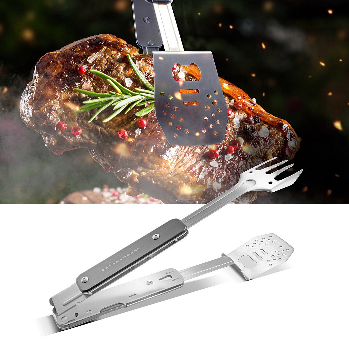 Steelworks grill set with 4-in-1 BBQ multitool grill cutlery made of grill tongs, grill fork, grill turner and bottle opener in the set with heat-resistant grill gloves