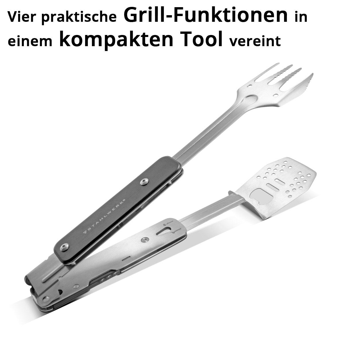 Steelworks grill set with 4-in-1 BBQ multitool grill cutlery made of grill tongs, grill fork, grill turner and bottle opener in the set with heat-resistant grill gloves