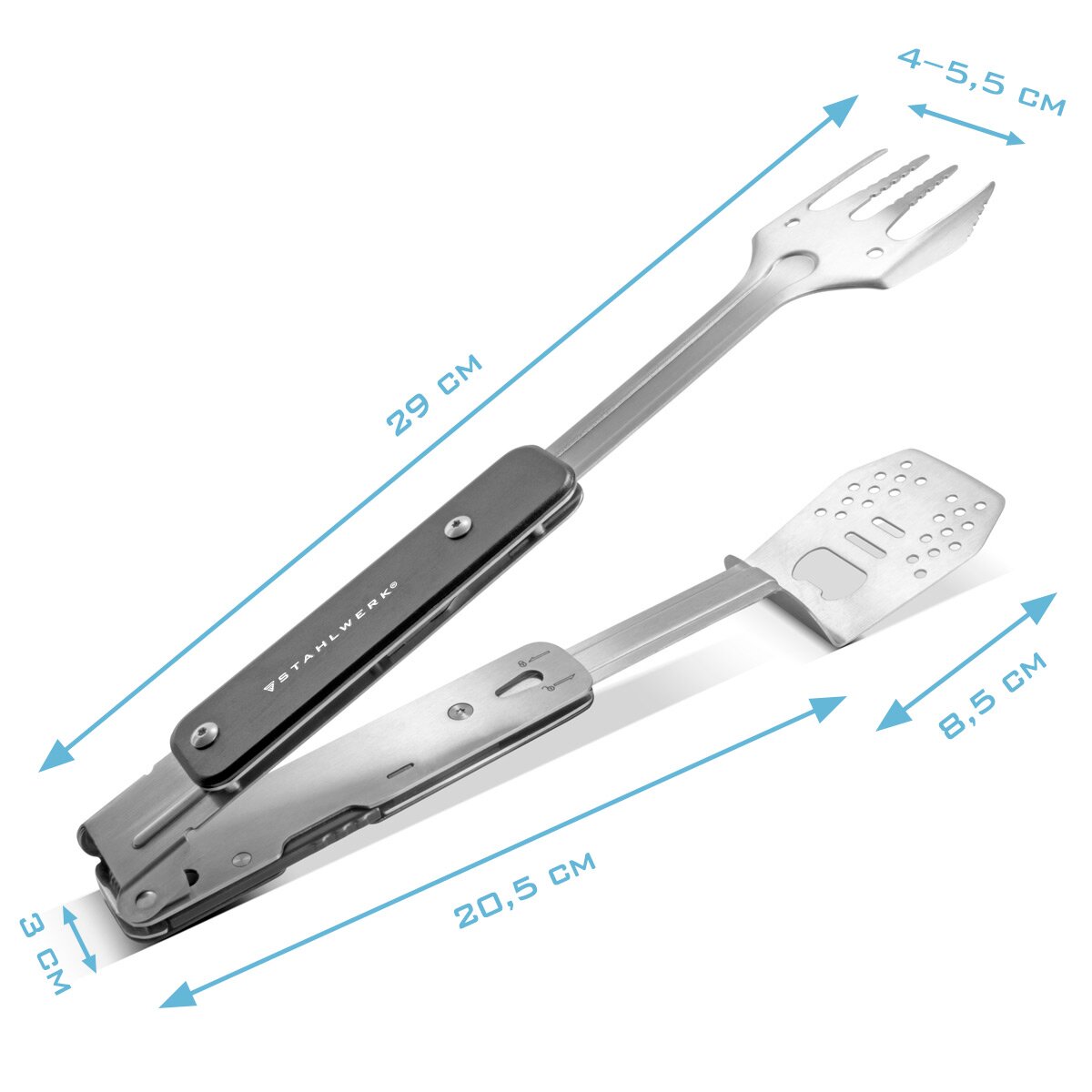 Steelworks grill set with 4-in-1 BBQ multitool grill cutlery made of grill tongs, grill fork, grill turner and bottle opener in the set with heat-resistant grill gloves