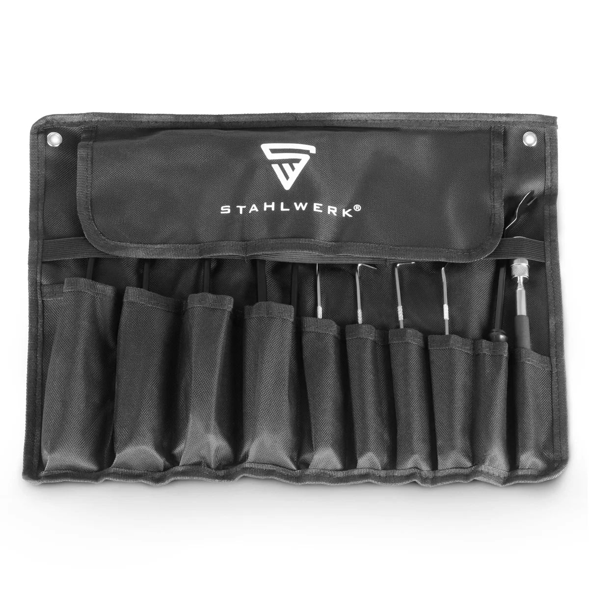 STAHLWERK Haken-Werkzeug-Set 12-teilig | Haken-Satz | Nadelhaken | Dichtungshaken | Kfz-Pick-Set | Präzisionshaken | Magnetisches Teleskop | O-Ring-Werkzeug zum Entfernen und Einsetzen von Dichtungen