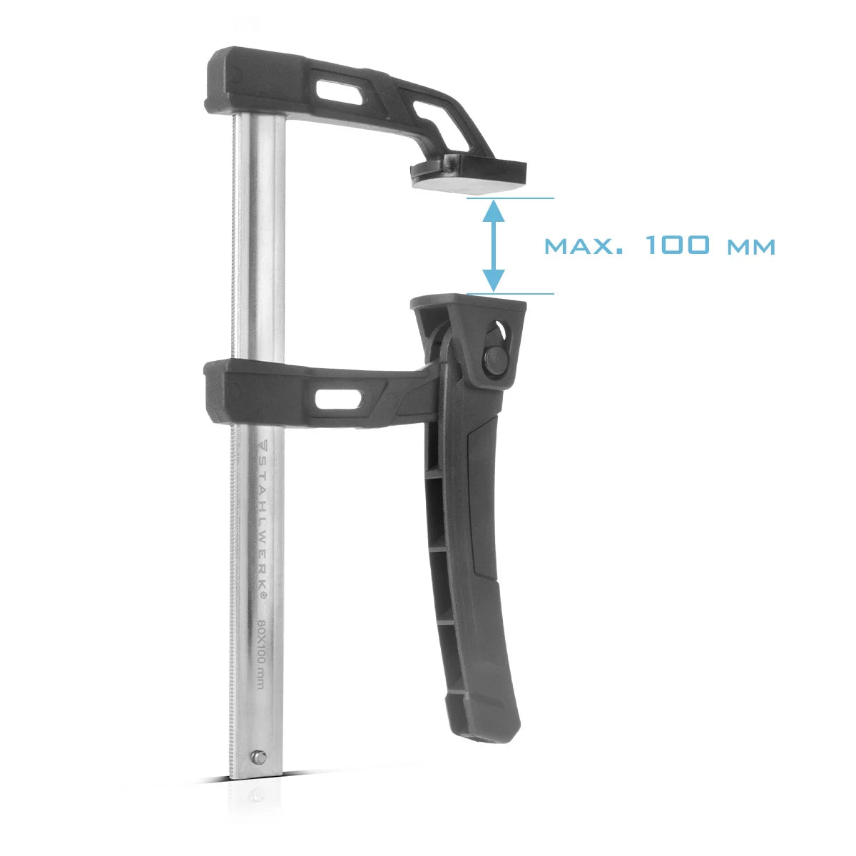 STAHLWERK Hebelzwinge 80x100 mm | kraftvolle Klemmzwinge mit 100 kg Druckkraft | Schnellspanner zum präzisen Fixieren von Werkstücken |stabile Zwinge mit Spannweite 100 mm, Spanntiefe 80 mm