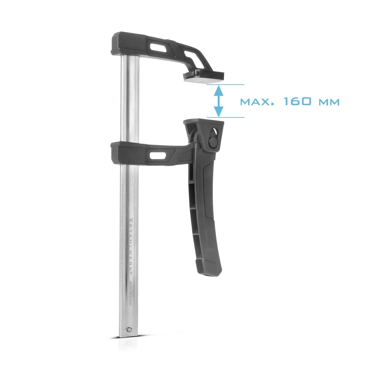 STAHLWERK Hebelzwinge 80x160 mm | kraftvolle Klemmzwinge mit 100 kg Druckkraft | Schnellspanner zum präzisen Fixieren von Werkstücken |stabile Zwinge mit Spannweite 160 mm, Spanntiefe 80 mm