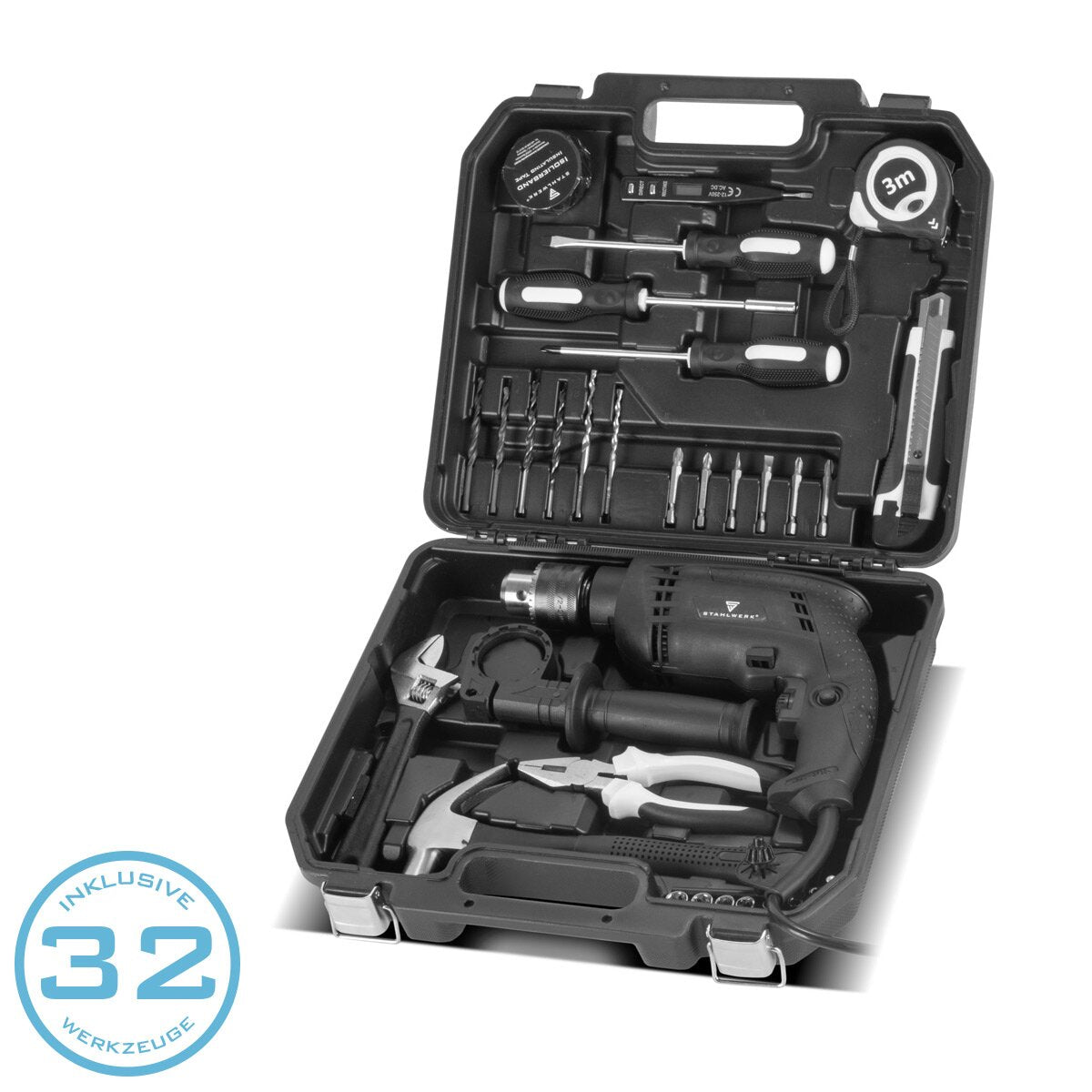 Steelworks DIY WILLER SET DTS-33 ST Tool case | Tool Box | Tool box with a 32-part tool set made of impact drill, screwdriver, hammer, pliers, measuring tape, voltage tester, bits and accessories