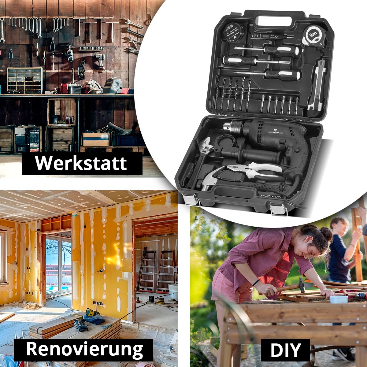 STAHLWERK Heimwerker Set DTS-33 ST Werkzeugkoffer | Tool Box | Werkzeugkasten mit 32-teiligem Werkzeug Set aus Schlagbohrer, Schraubendrehern, Hammer, Zange, Maßband, Spannungsprüfer, Bits und Zubehör