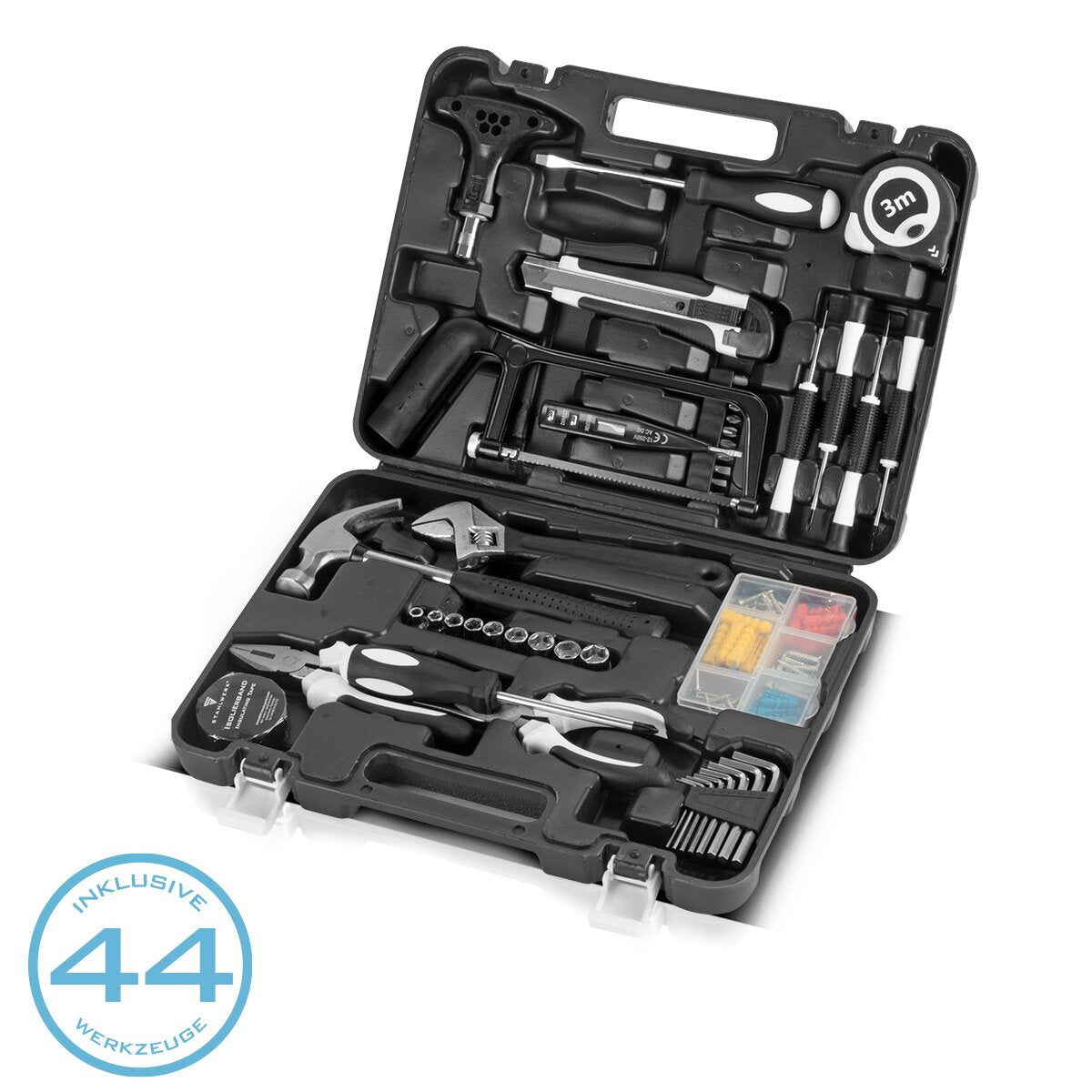 Steelworks DIY WILLER SET HTS-45 ST Tool case | Tool Box | Tool box with a 44-part tool set made of screwdrivers, socket keys, pliers, hammer, saw, measuring tape, bit set and accessories