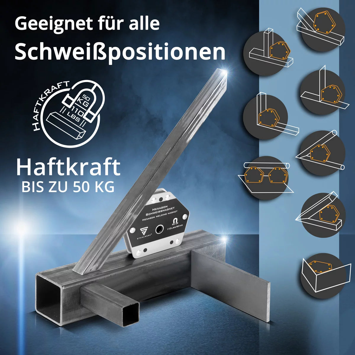 STAHLWERK Hexagon Schweißmagnet | Leistungsstarker Magnet für vielseitige Anwendungen mit 50 kg Haftkraft