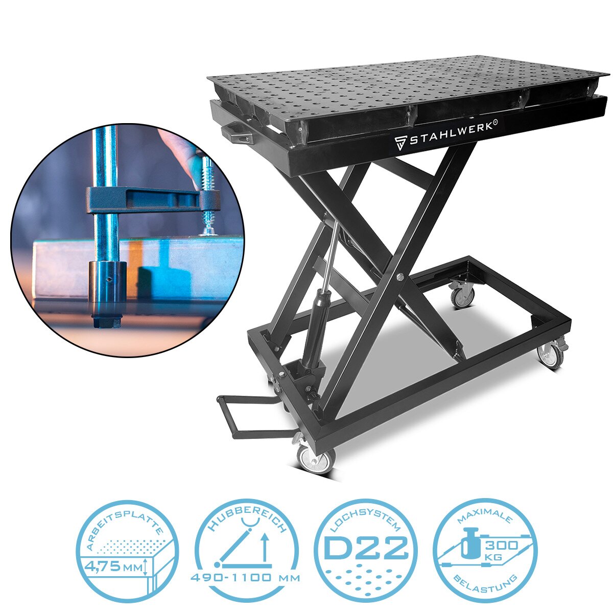 Steelworks height -adjustable welding table HWT -1100 ST 1100 x 640 mm hydraulic assembly table with 490 - 1100 mm lifting area, 300 kg load capacity, D22 hole plate and powder -coated legs