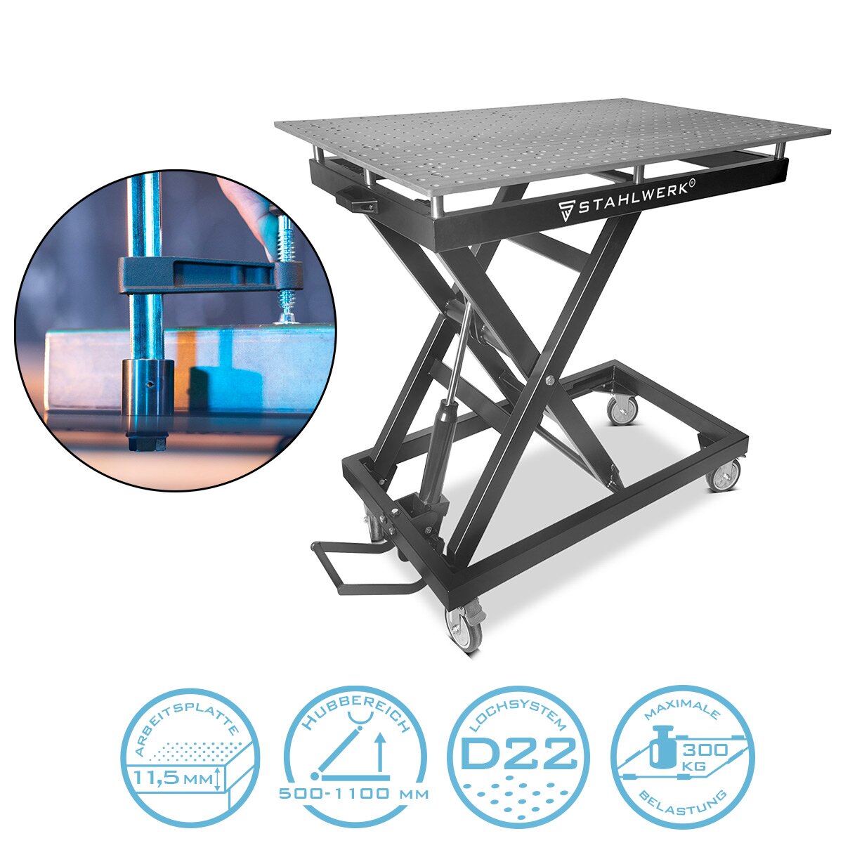 Steelworks height -adjustable welding table HWT -1200 ST 1200 x 750 mm hydraulic assembly table with 500 - 1100 mm lifting area, 300 kg load capacity, D22 punch plate and powder -coated legs