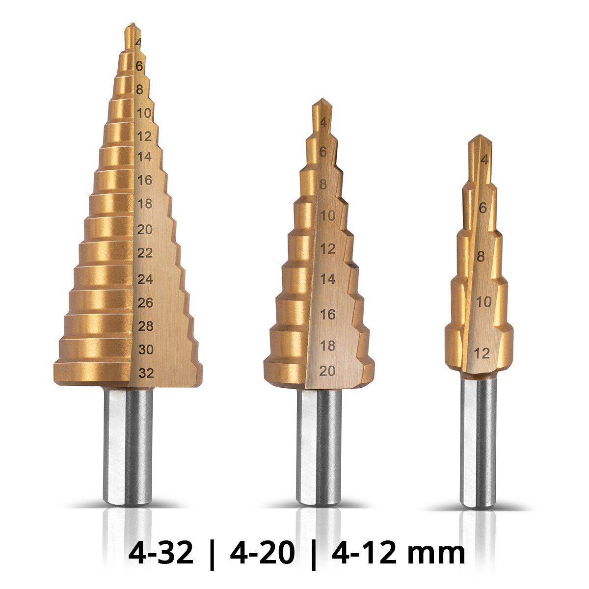 Steelworks HSS Step Drill 3 Set Tin Coating 4-12 | 4-20 | Drill di metallo con rivestimento 4-32 mm con rivestimento titanio | Drill Kegel | Drill Senk | Schälbohrer | Drill Konus | Set di trapani con scatola di alluminio