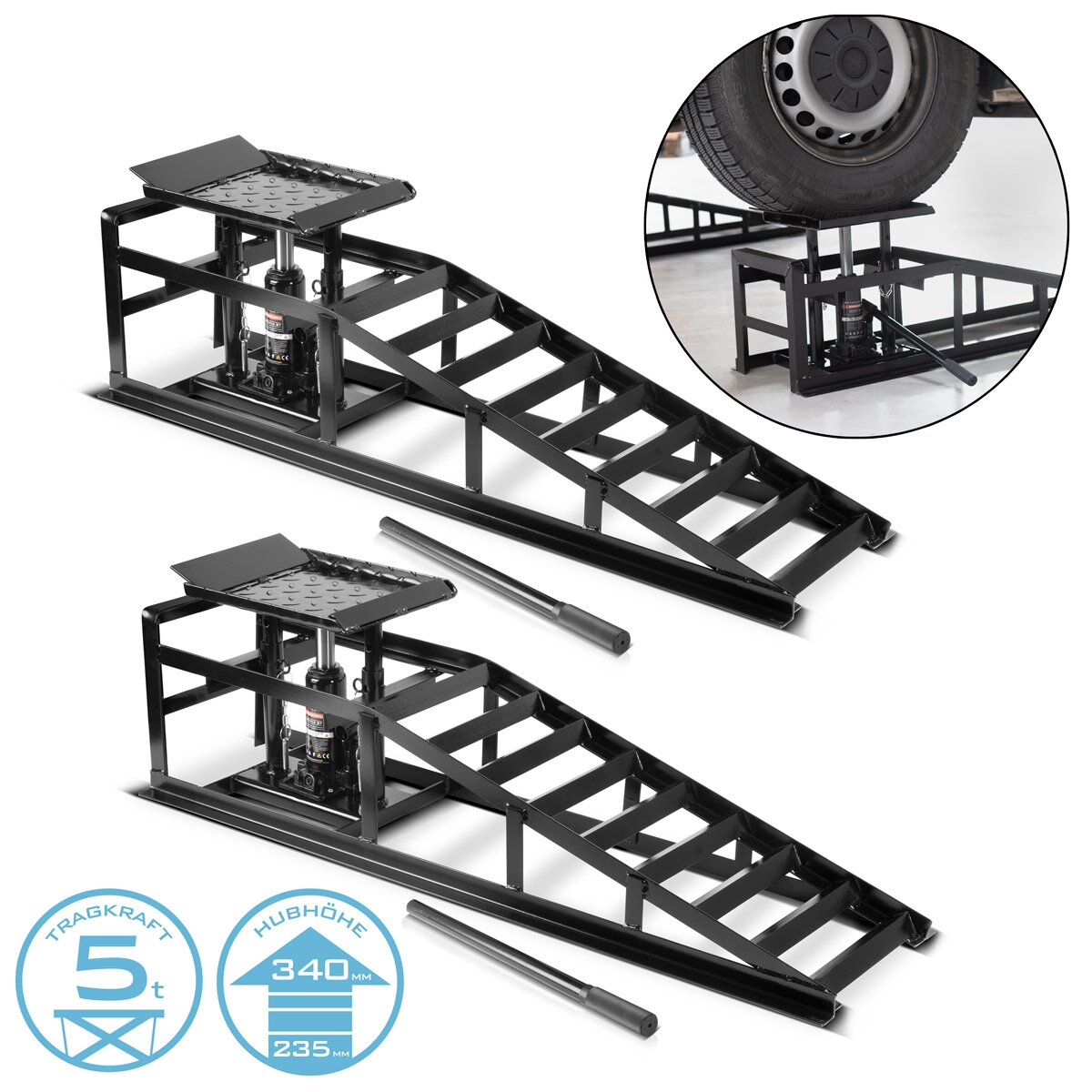 STAHLWERK Hydraulische Auffahrrampe GTH-14 ST 2er Set mit 5 Tonnen Tragkraft Auffahrbock mit Wagenheber | höhenverstellbare Auto-Rampe | Pkw-Rampe | Kfz-Bock