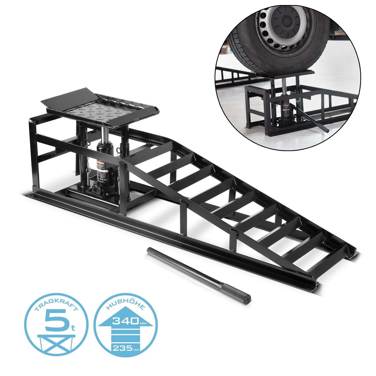 STAHLWERK Hydraulische Auffahrrampe GTH-14 ST mit 5 Tonnen Tragkraft Auffahrbock mit Wagenheber | höhenverstellbare Auto-Rampe | Pkw-Rampe | Kfz-Bock