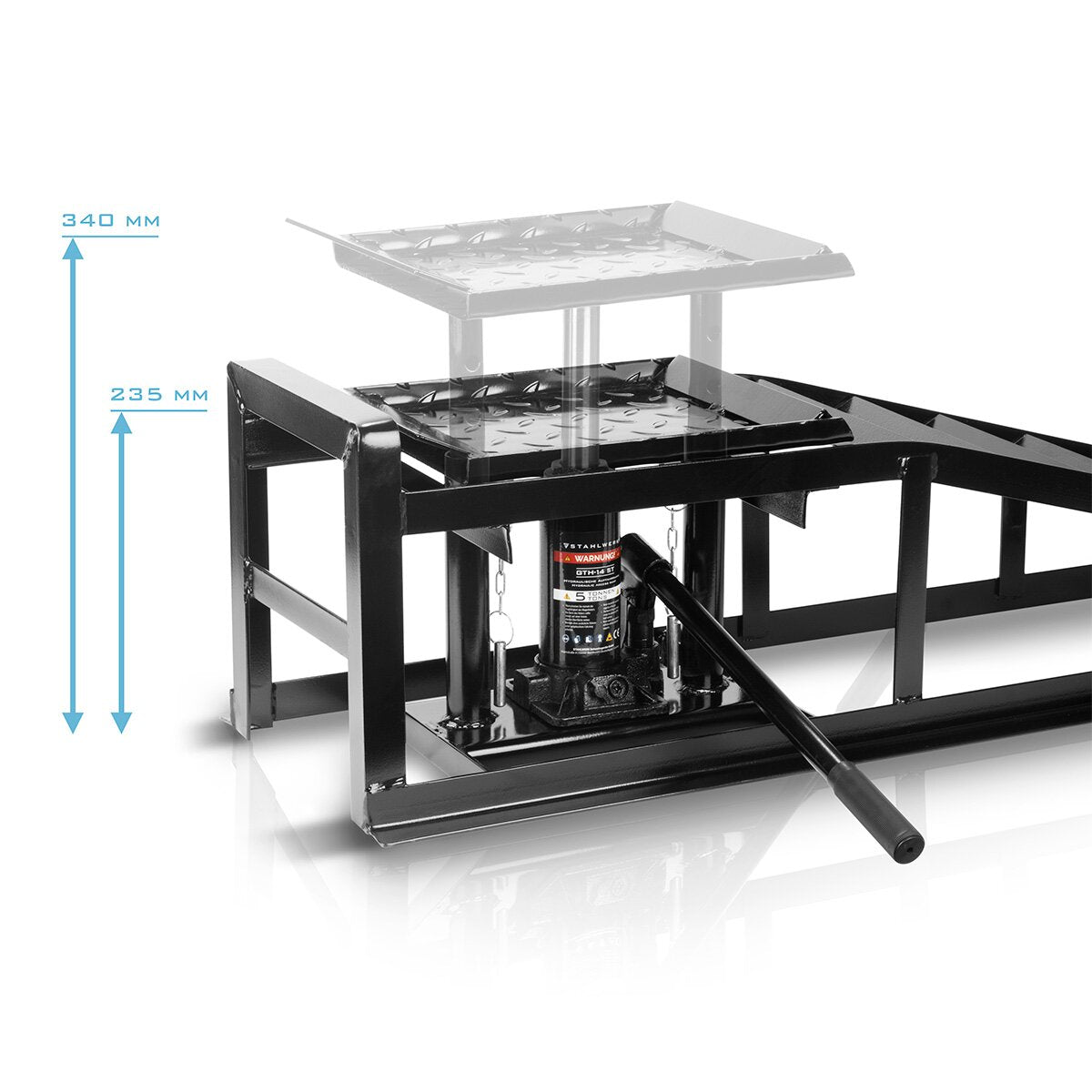 STAHLWERK Hydraulische Auffahrrampe GTH-14 ST mit 5 Tonnen Tragkraft Auffahrbock mit Wagenheber | höhenverstellbare Auto-Rampe | Pkw-Rampe | Kfz-Bock