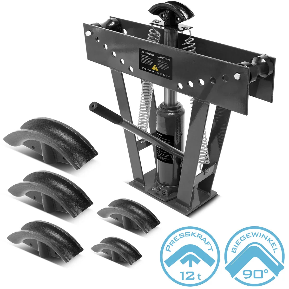STAHLWERK Rohrbiegemaschine bis 90° mit 12 t Presskraft hydraulisches Rohrbiegegerät | Rohrbieger | Biegemaschine | Biegegerät mit 6 Matrizen zum Biegen von 3-50 mm Metallrohren