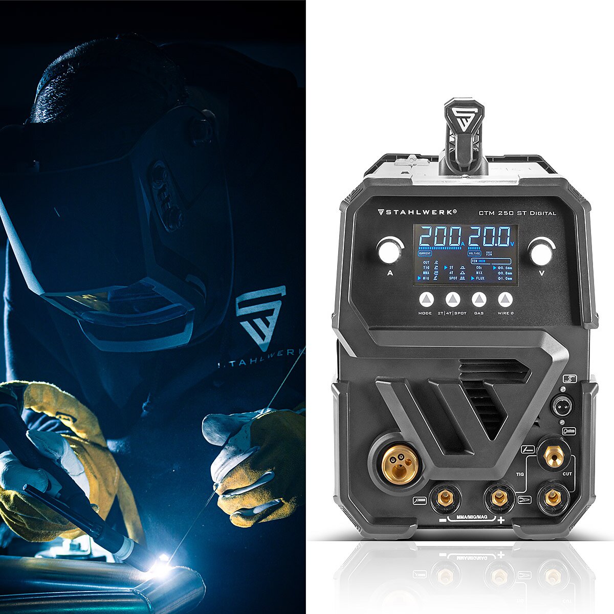 Stahlwerk combi welding device CTM-2550 ST digital full equipment 5-in-1 protective gas welding device | Inverter with 200 A, spot function, synergic wire feed and integrated 50 A plasma cutter cut | WIG | Mig Mag | MMA | Flux