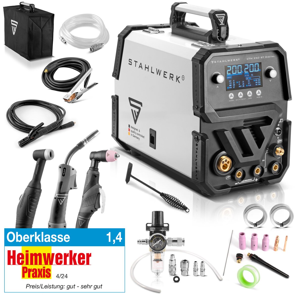 Stahlwerk combi welding device CTM-2550 ST Digital 5-in-1 protective gas welding device | Inverter with 200 A, spot function, synergic wire feed and integrated 50 A plasma cutter cut | WIG | Mig Mag | MMA | Flux