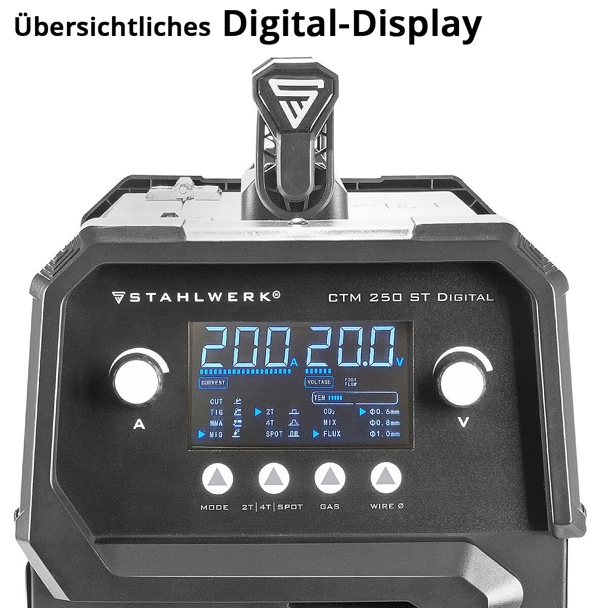 Dispositivo de soldadura Combi Stahlwerk CTM-2550 ST Digital 5-en-1 Dispositivo de soldadura de gas protector | Inversor con 200 a, función spot, alimentación sinérgica de alambre e integrado 50 A cortador de plasma | Peluca | Mig Mag | MMA | Flujo