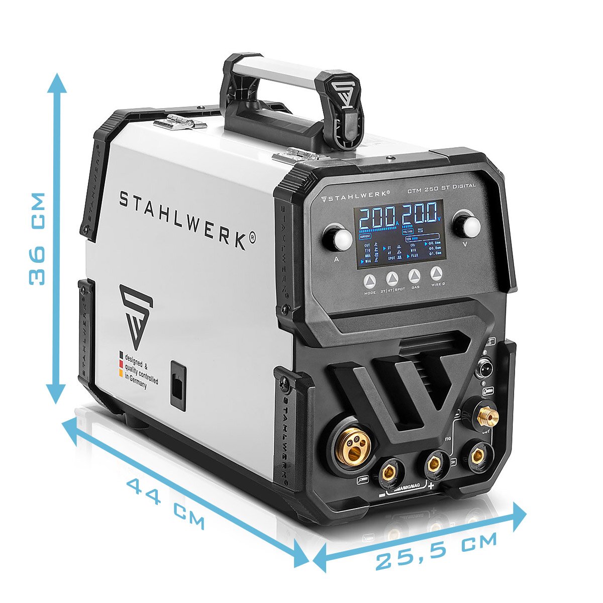 Dispositivo de soldadura Combi Stahlwerk CTM-2550 ST Digital 5-en-1 Dispositivo de soldadura de gas protector | Inversor con 200 a, función spot, alimentación sinérgica de alambre e integrado 50 A cortador de plasma | Peluca | Mig Mag | MMA | Flujo