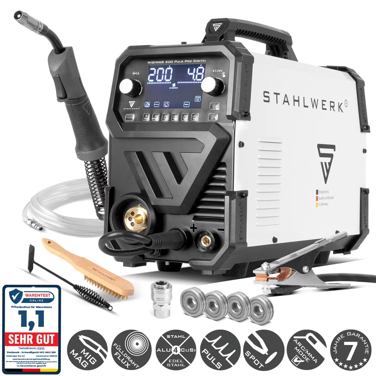 STAHLWERK MIG MAG 200 Puls Pro Digital Schutzgas-Schweißgerät | IGBT Inverter mit 200 A | Synergischer Drahtvorschub | 4-Rollen-Antrieb | FLUX, Lift-TIG, MMA/ARC, CuSi-Löt-Funktion | MIG-Puls für Alu