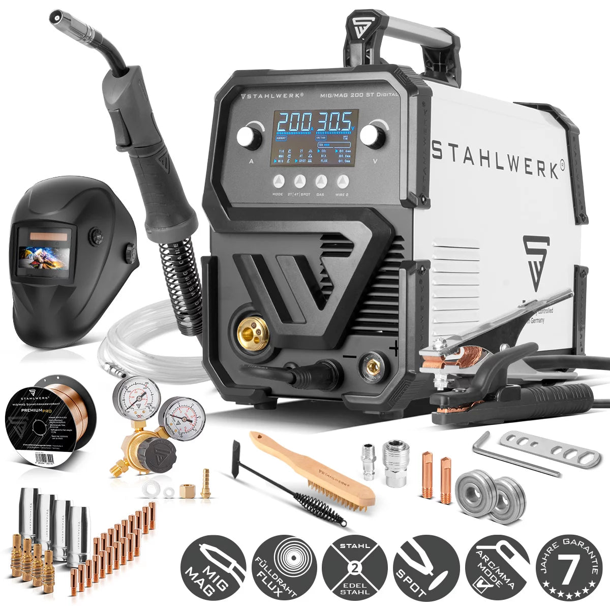 STAHLWERK Schweißgerät MIG MAG 200 ST Digital Vollausstattung IGBT Schutzgas-Schweißgerät | Inverter mit 200 A , Spot-Funktion, synergischem Drahtvorschub, FLUX und MMA | ARC Funktion