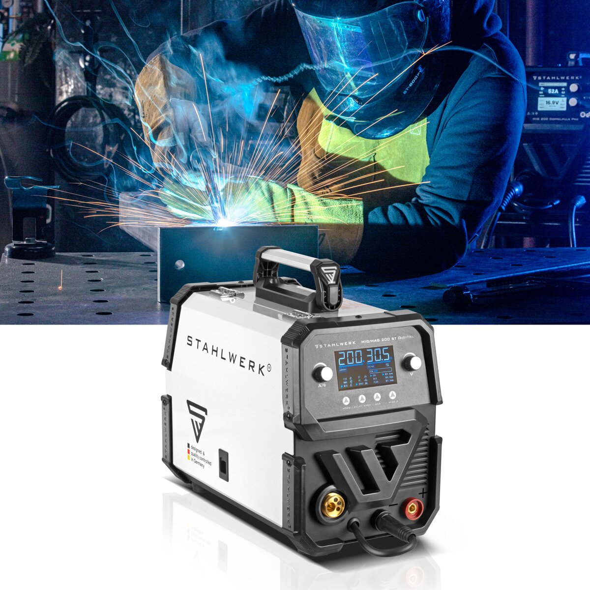 Steelworks welding machine MIG MAG 200 ST DIGITAL IGBT protective gas welding equipment | Inverter with 200 A, spot function, synergic wire feed, Flux and MMA | ARC function