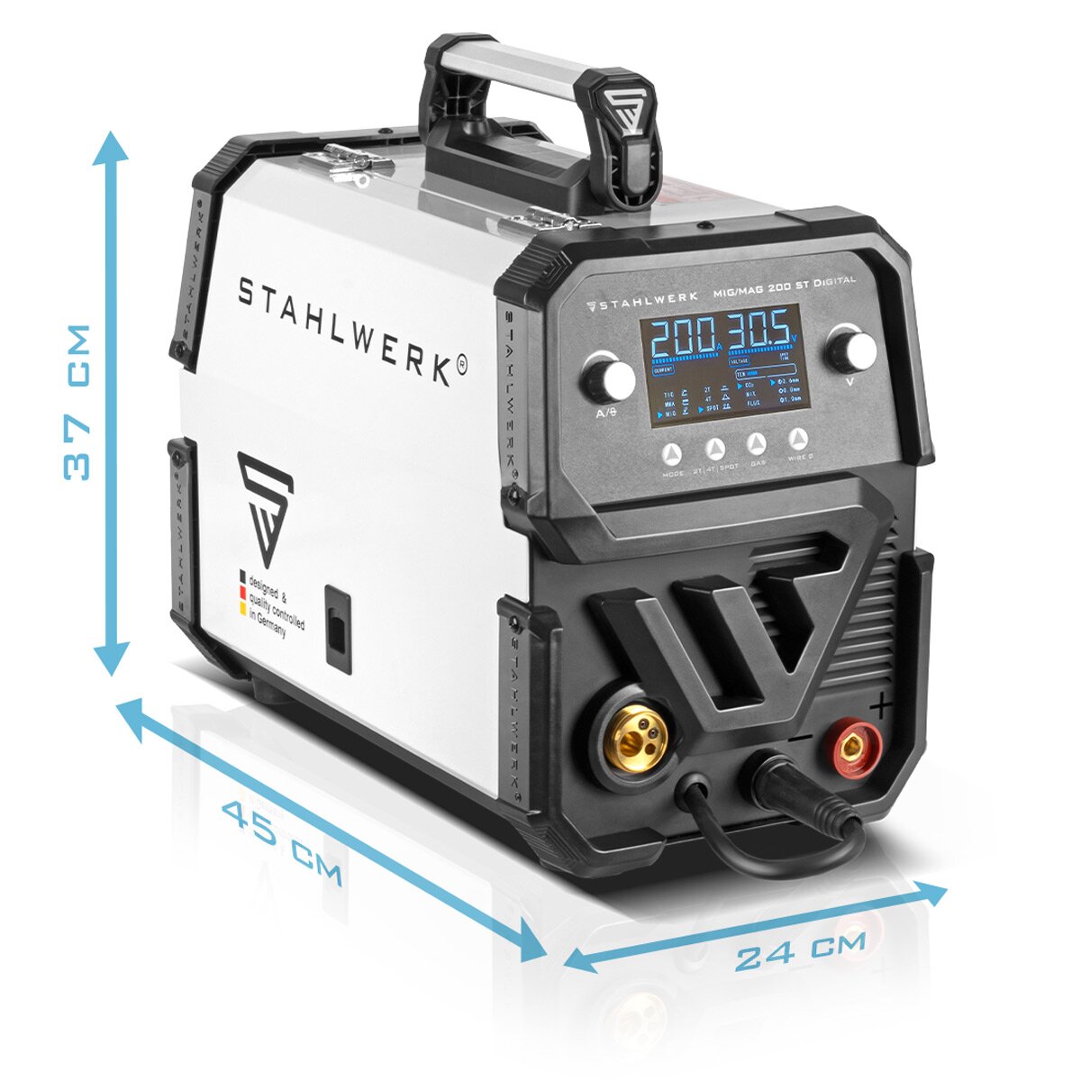 Steelworks welding machine MIG MAG 200 ST Digital Full equipment IGBT protective gas welding device | Inverter with 200 A, spot function, synergic wire feed, Flux and MMA | ARC function