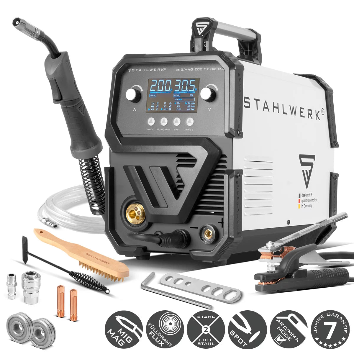 STAHLWERK Schweißgerät MIG MAG 200 ST Digital IGBT Schutzgas-Schweißgerät | Inverter mit 200 A, Spot-Funktion, synergischem Drahtvorschub, FLUX und MMA | ARC Funktion