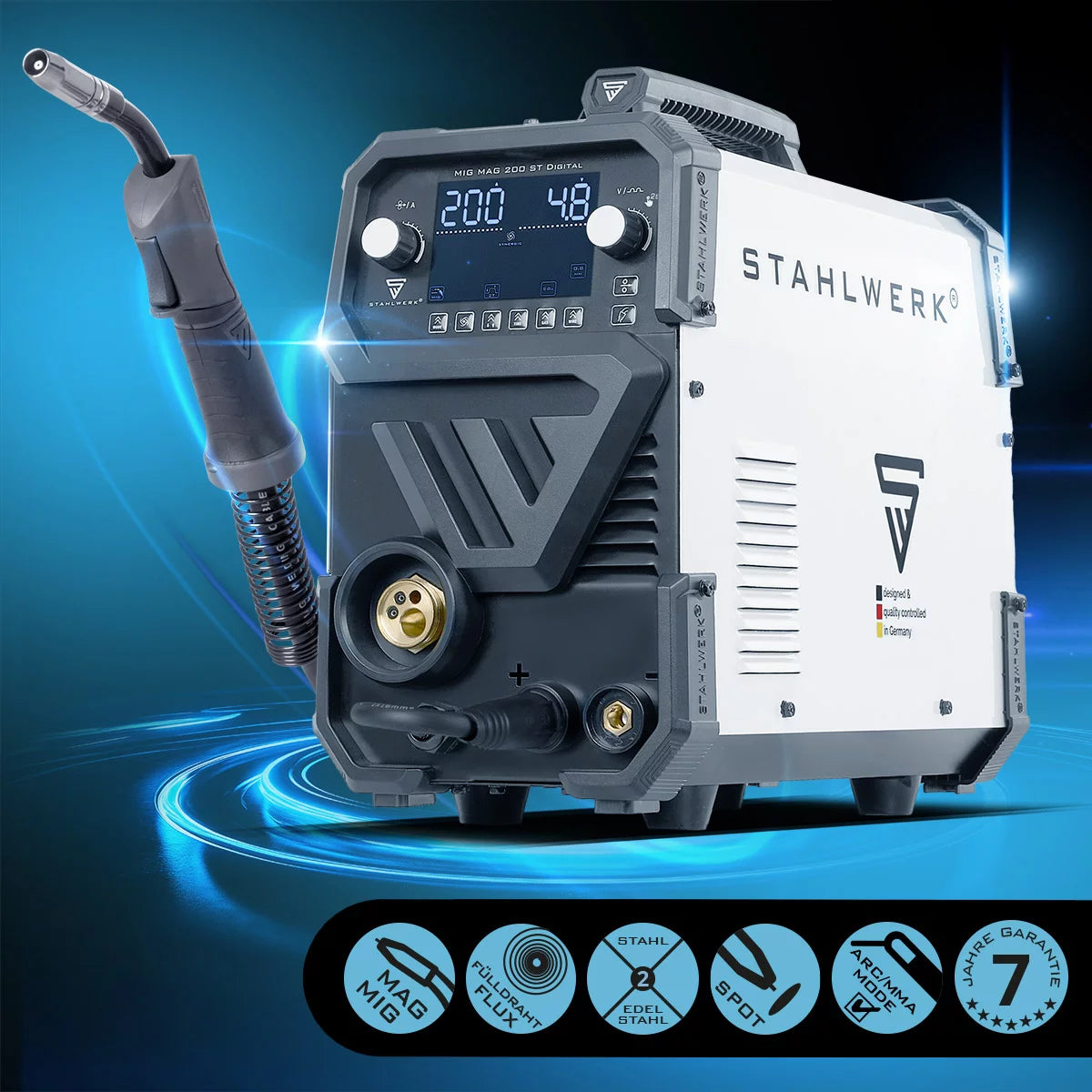 Poste à souder STAHLWERK MIG MAG 200 ST Poste à souder numérique au gaz inerte | Onduleur de 200 A, fonction spot, dévidoir synergique, FLUX et MMA | Fonction ARC