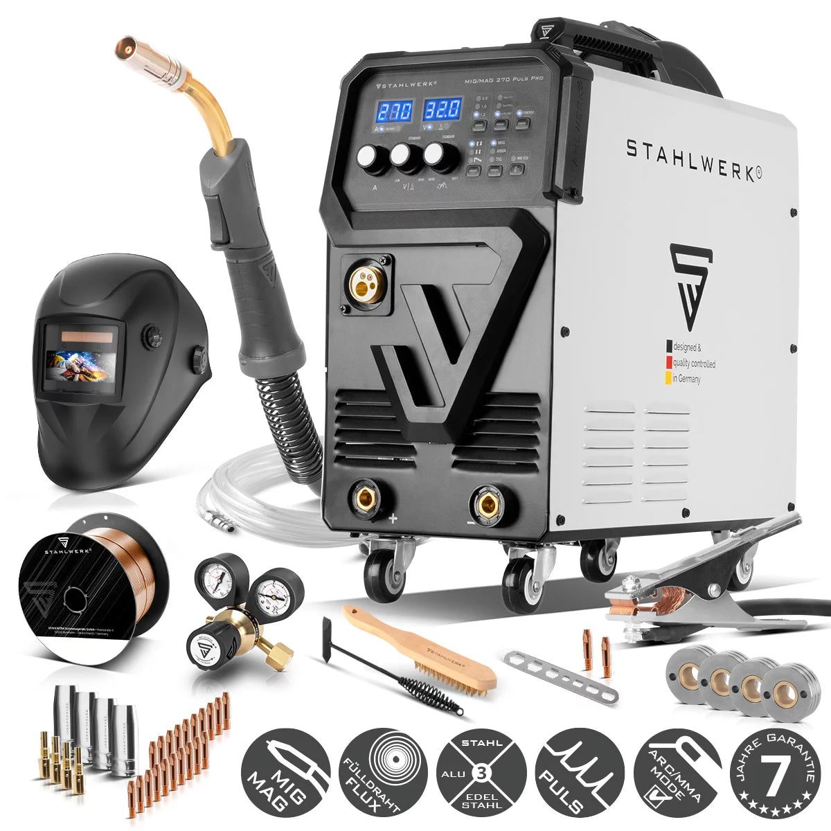 STAHLWERK Schweißgerät MIG 270 Puls Pro Vollausstattung | 4-in-1 Schutzgas-Schweißgerät mit Pulsfunktion | Inverter mit 270 A, Spot-Funktion, synergischem Drahtvorschub, 4-Rollen-Antrieb, FLUX, Lift TIG und MMA | ARC Funktion | Puls-Alu-Schweißfunktion