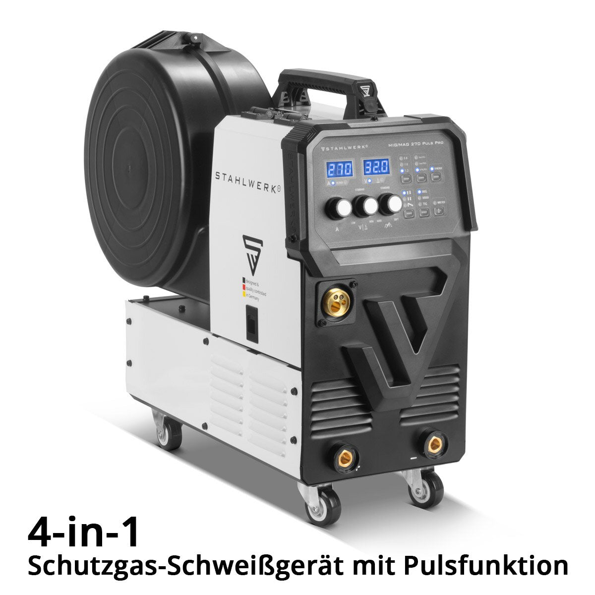 STAHLWERK Schweißgerät MIG 270 Puls Pro Vollausstattung | 4-in-1 Schutzgas-Schweißgerät mit Pulsfunktion | Inverter mit 270 A, Spot-Funktion, synergischem Drahtvorschub, 4-Rollen-Antrieb, FLUX, Lift TIG und MMA | ARC Funktion | Puls-Alu-Schweißfunktion