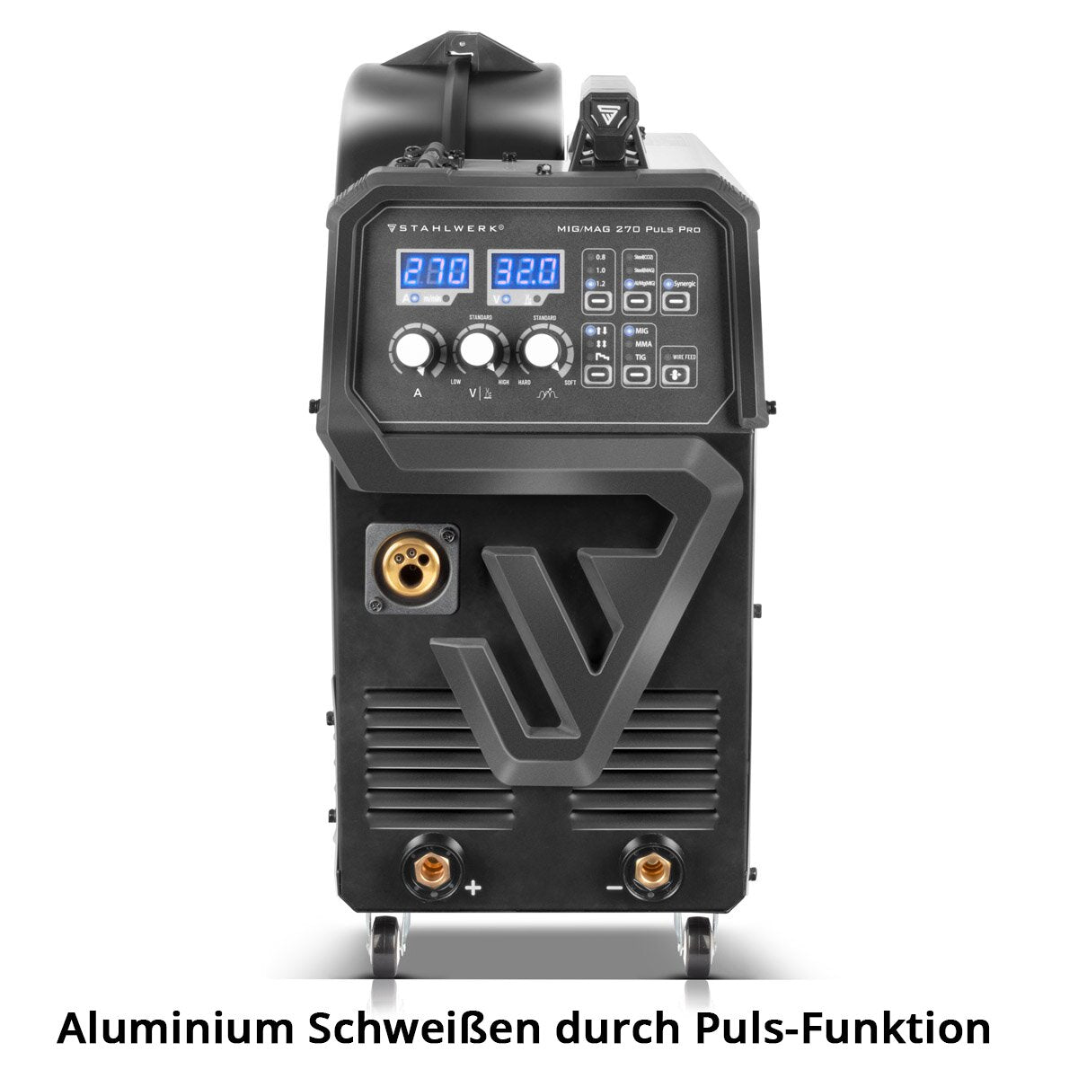 STAHLWERK Schweißgerät MIG 270 Puls Pro Vollausstattung | 4-in-1 Schutzgas-Schweißgerät mit Pulsfunktion | Inverter mit 270 A, Spot-Funktion, synergischem Drahtvorschub, 4-Rollen-Antrieb, FLUX, Lift TIG und MMA | ARC Funktion | Puls-Alu-Schweißfunktion