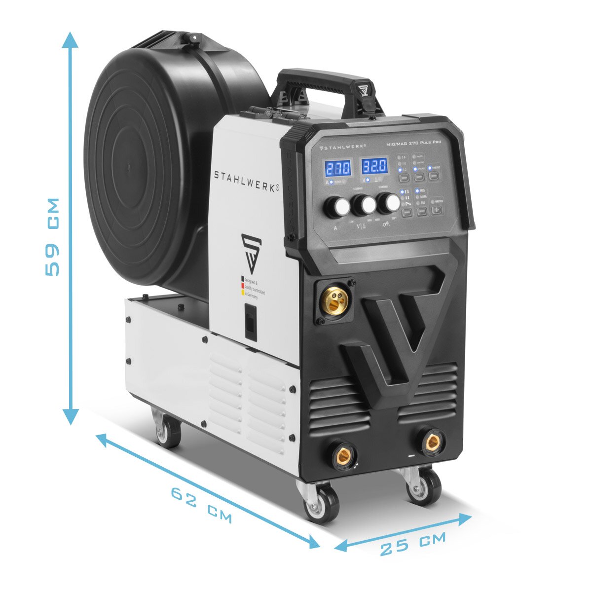 STAHLWERK Schweißgerät MIG 270 Puls Pro Vollausstattung | 4-in-1 Schutzgas-Schweißgerät mit Pulsfunktion | Inverter mit 270 A, Spot-Funktion, synergischem Drahtvorschub, 4-Rollen-Antrieb, FLUX, Lift TIG und MMA | ARC Funktion | Puls-Alu-Schweißfunktion