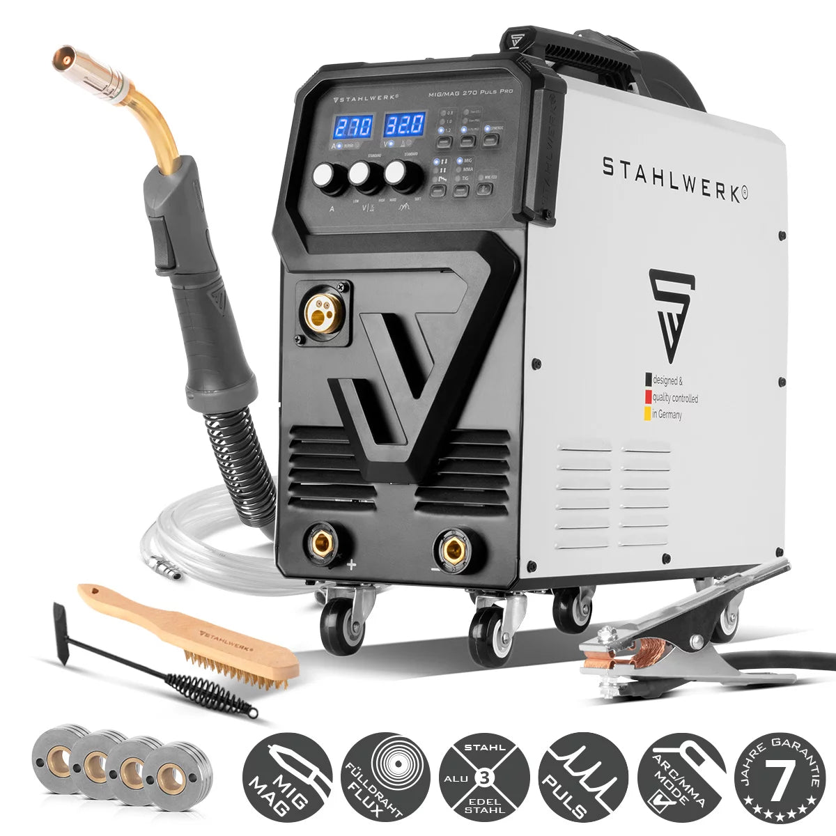 STAHLWERK Schweißgerät MIG 270 Puls Pro | 4-in-1 Schutzgas-Schweißgerät mit Pulsfunktion | Inverter mit 270 A, Spot-Funktion, synergischem Drahtvorschub, 4-Rollen-Antrieb, FLUX, Lift TIG und MMA | ARC Funktion | Puls-Alu-Schweißfunktion