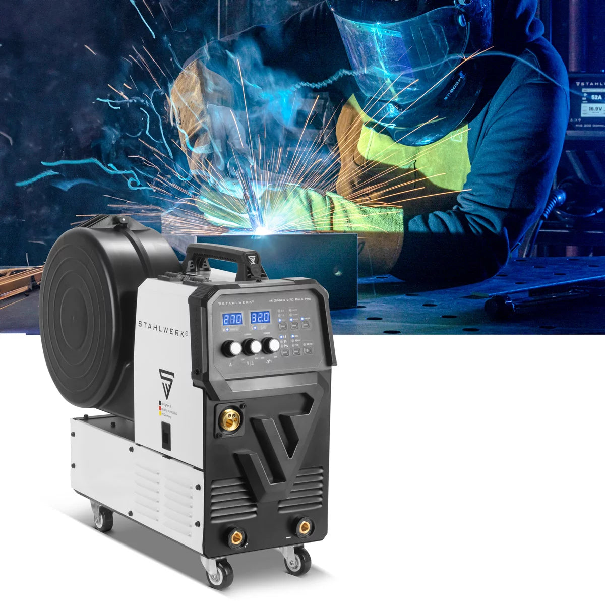 STAHLWERK Schweißgerät MIG 270 Puls Pro | 4-in-1 Schutzgas-Schweißgerät mit Pulsfunktion | Inverter mit 270 A, Spot-Funktion, synergischem Drahtvorschub, 4-Rollen-Antrieb, FLUX, Lift TIG und MMA | ARC Funktion | Puls-Alu-Schweißfunktion