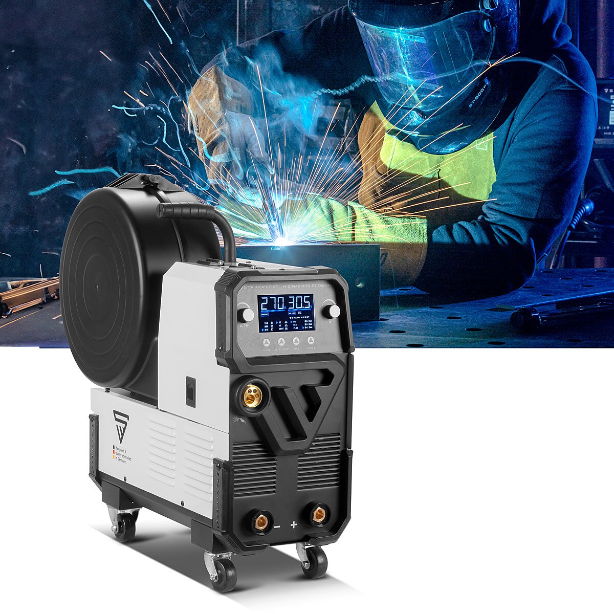 Steelworks welding machine MIG MAG 270 Digital IGBT 4-in-1 protective gas welding device | Inverter with 270 A, spot function, synergic wire feed, 4 roll drive, flux, lift tig and mma | ARC function