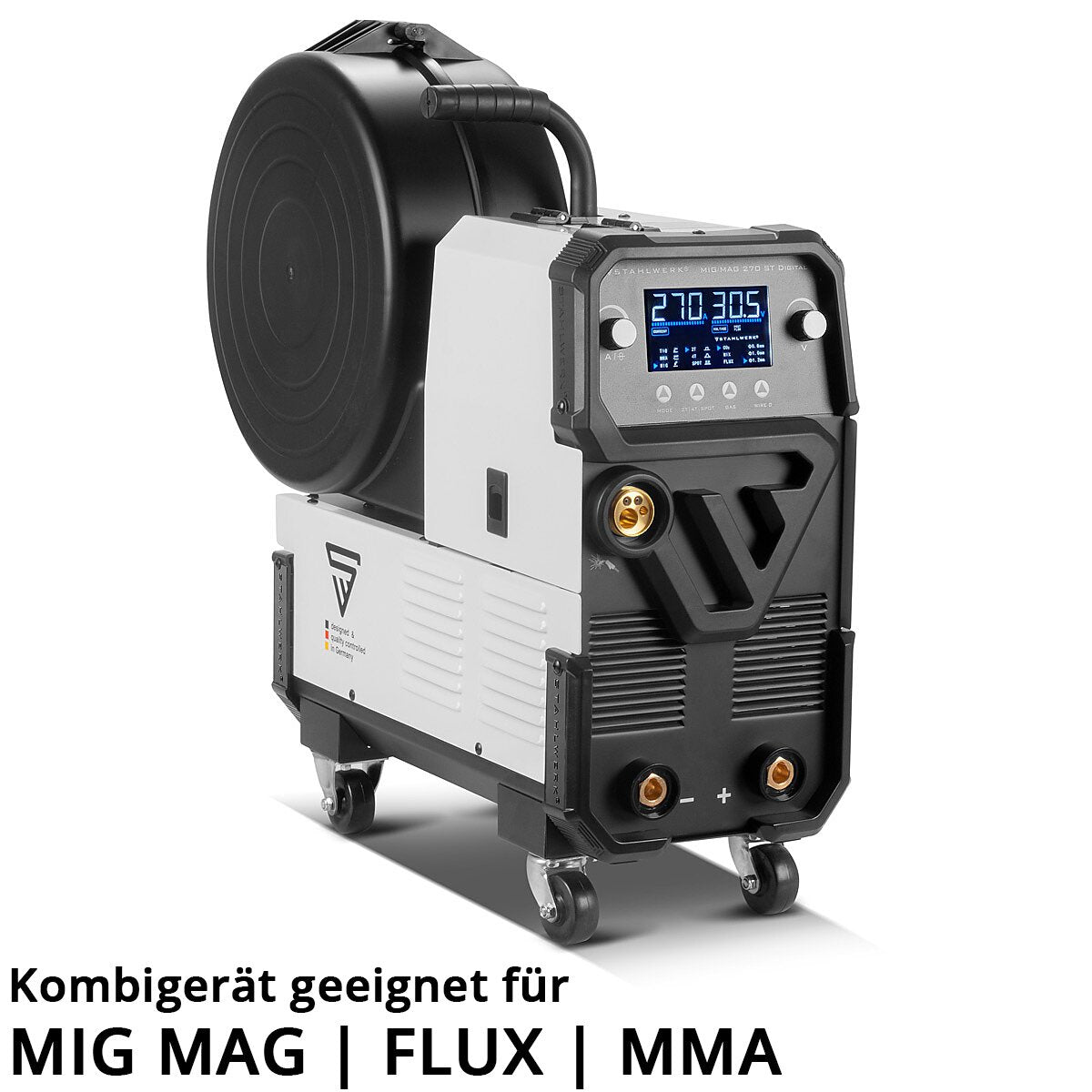 Steel mill Mig Mag 270 Digital Full Equipment IGBT 4-in-1 protective gas welding device | Inverter with 270 A, spot function, synergic wire feed, 4 roll drive, flux, lift tig and mma | ARC function