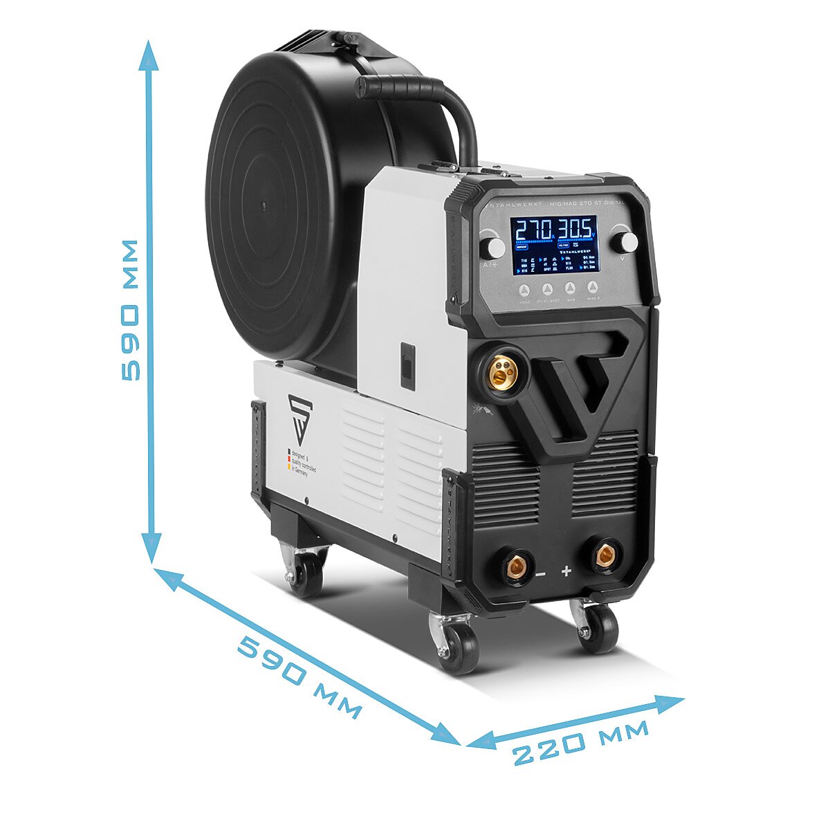 Steel mill Mig Mag 270 Digital Full Equipment IGBT 4-in-1 protective gas welding device | Inverter with 270 A, spot function, synergic wire feed, 4 roll drive, flux, lift tig and mma | ARC function