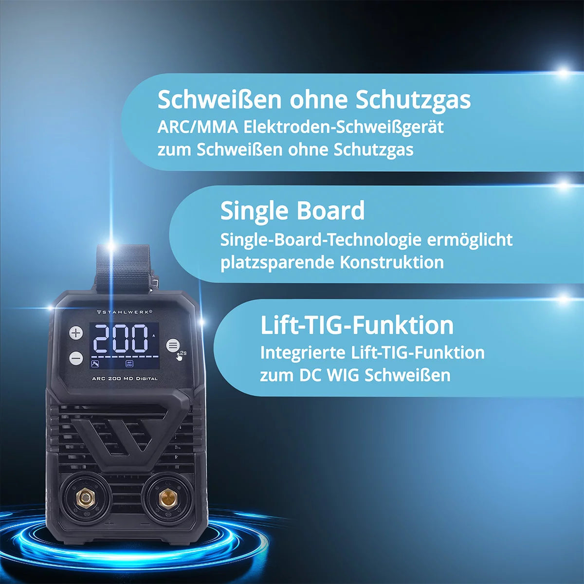 STAHLWERK ARC 200 MD - 2026 - Poste de soudage à électrode numérique DC équipement complet MMA / E-hand, Lift-TIG | Vrai 200 ampères | Affichage numérique avec menu | Hotstart, Anti-Stick, ARC Force, VRD | Refroidissement intelligent | Technologie IGBT