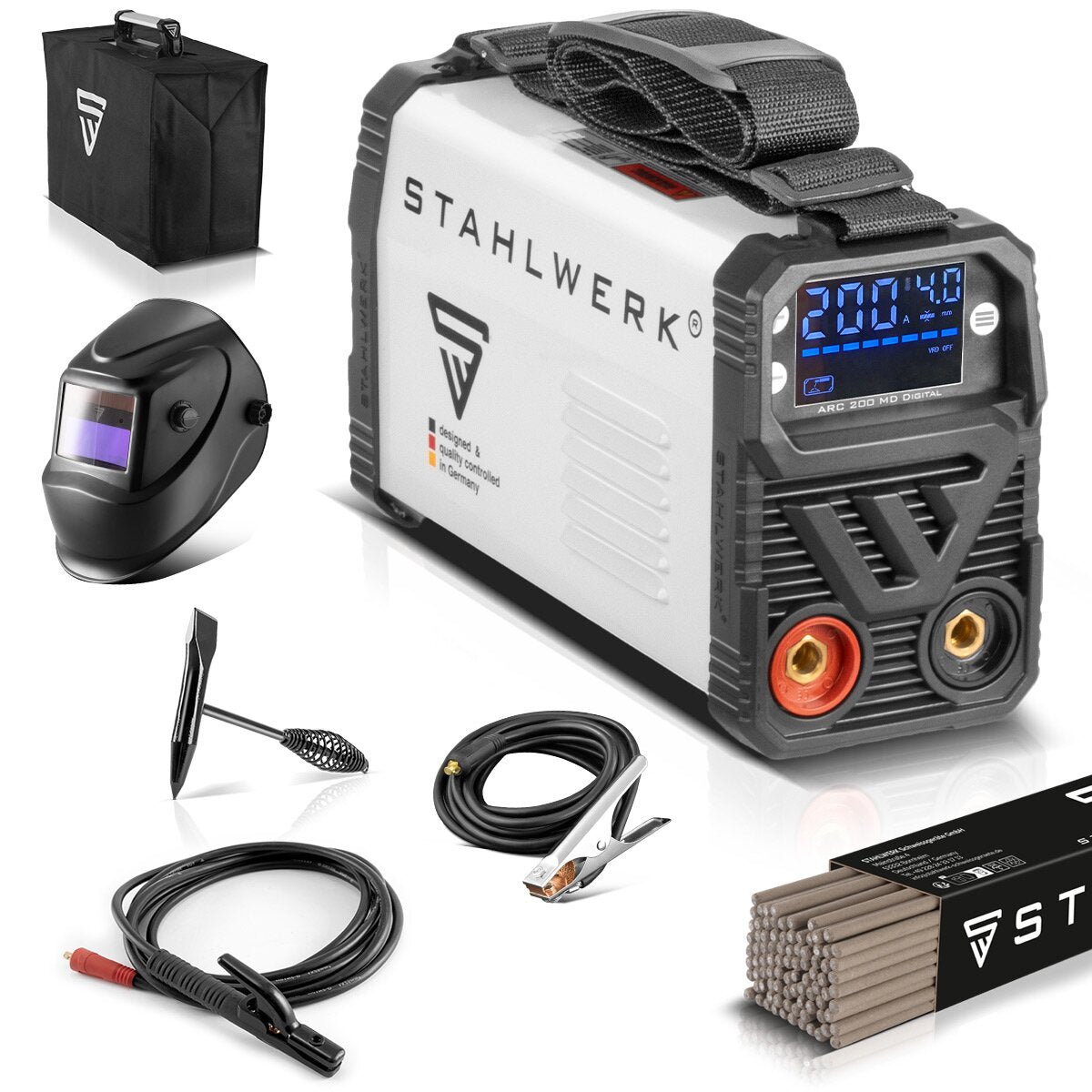 Steelworks welding machine ARC 200 MD Digital - DC full equipment MMA | E-hand | Lift-Tig inverter with 200 amps, digital display, IGBT technology and single board