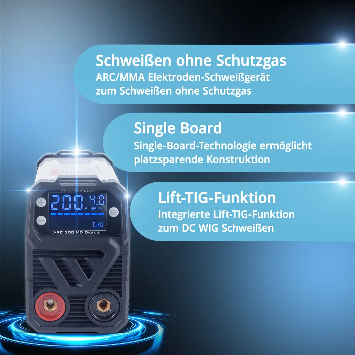 STAHLWERK Schweißgerät ARC 200 MD Digital - DC MMA | E-Hand | Lift-TIG Inverter mit 200 Ampere, Digital-Display, IGBT Technologie und Single-Board
