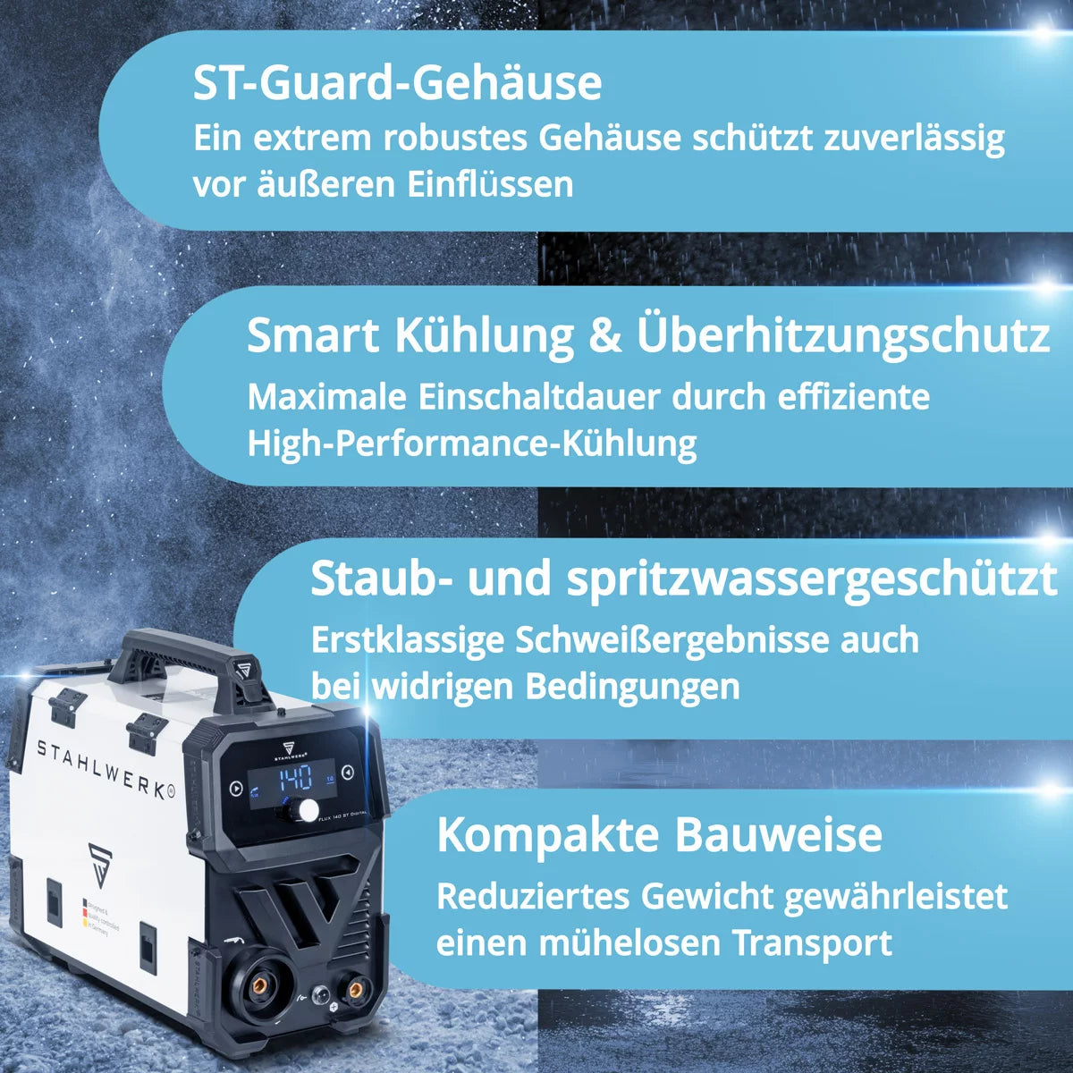 STAHLWERK Schweißgerät FLUX 140 ST Digital Lift TIG Starter Set mit 140 A, synergischem Drahtvorschub, Lift-TIG und ARC/MMA Funktion zum Schweißen ohne Schutzgas