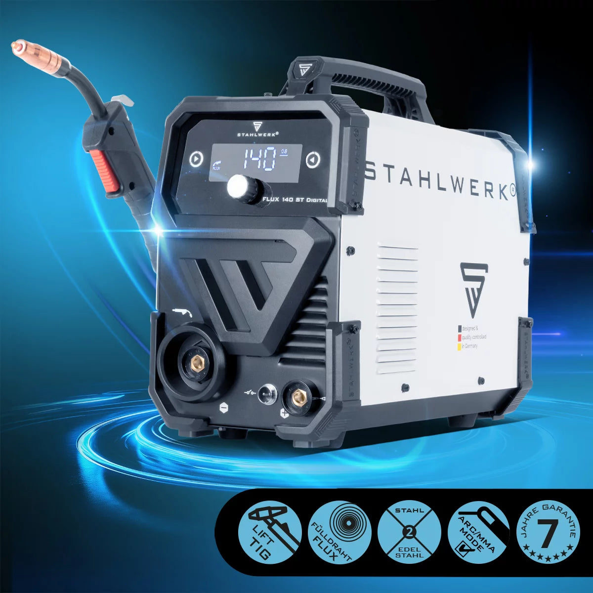 STAHLWERK Schweißgerät FLUX 140 ST Digital Lift TIG Starter Set mit 140 A, synergischem Drahtvorschub, Lift-TIG und ARC/MMA Funktion zum Schweißen ohne Schutzgas