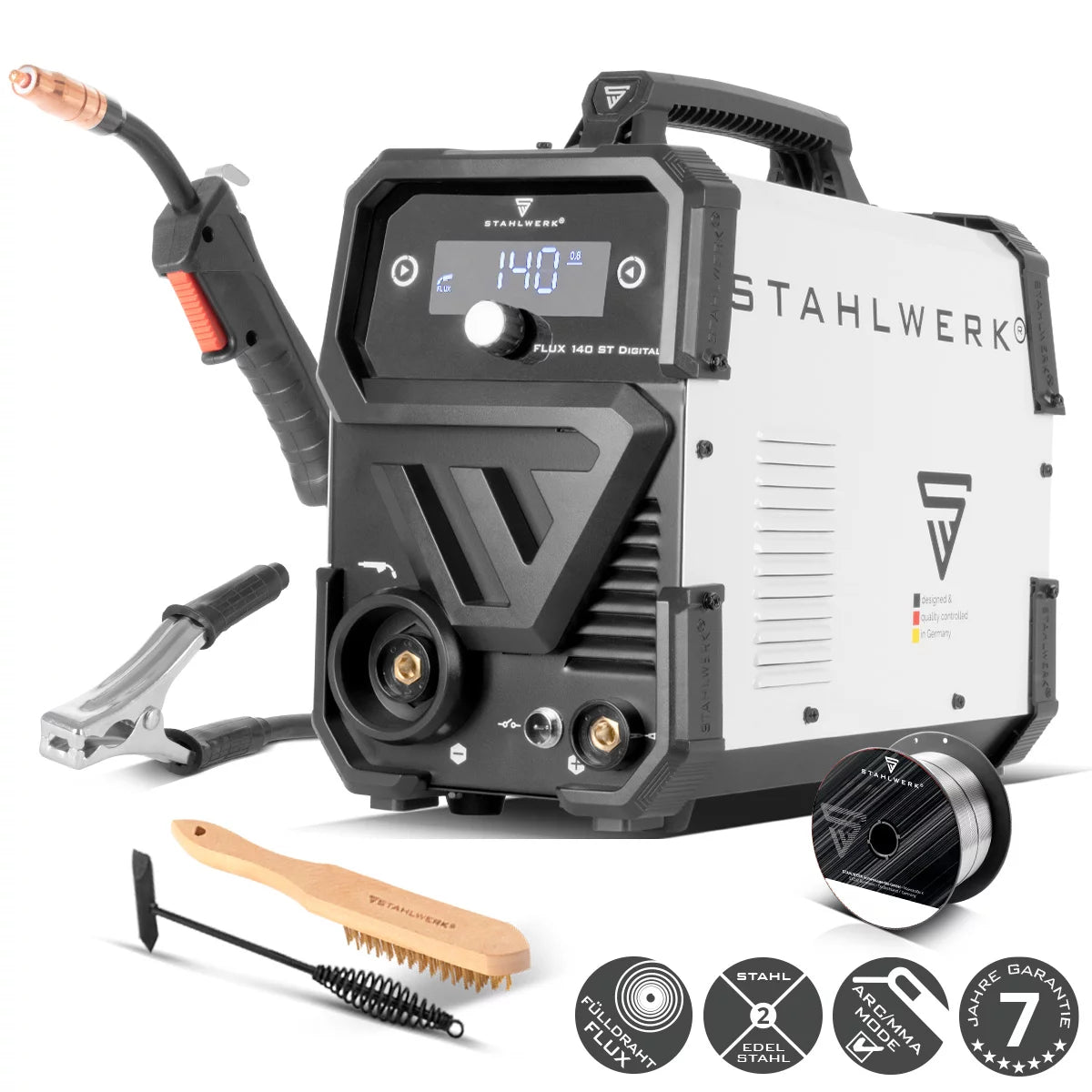 Flusso di saldatura in acciaio di saldatura 140 ST digitale con 140 A, alimentazione a filo sinergico, tig a sollevamento e funzione ARC/MMA per la saldatura senza gas protettivo