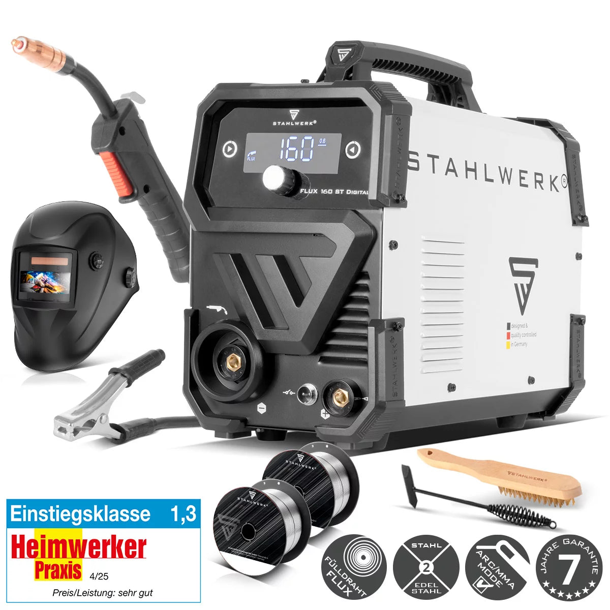 STAHLWERK Schweißgerät FLUX 160 ST Digital mit 160 A Vollausstattung, synergischem Drahtvorschub, Lift TIG und MMA Funktion zum Schweißen ohne Schutzgas